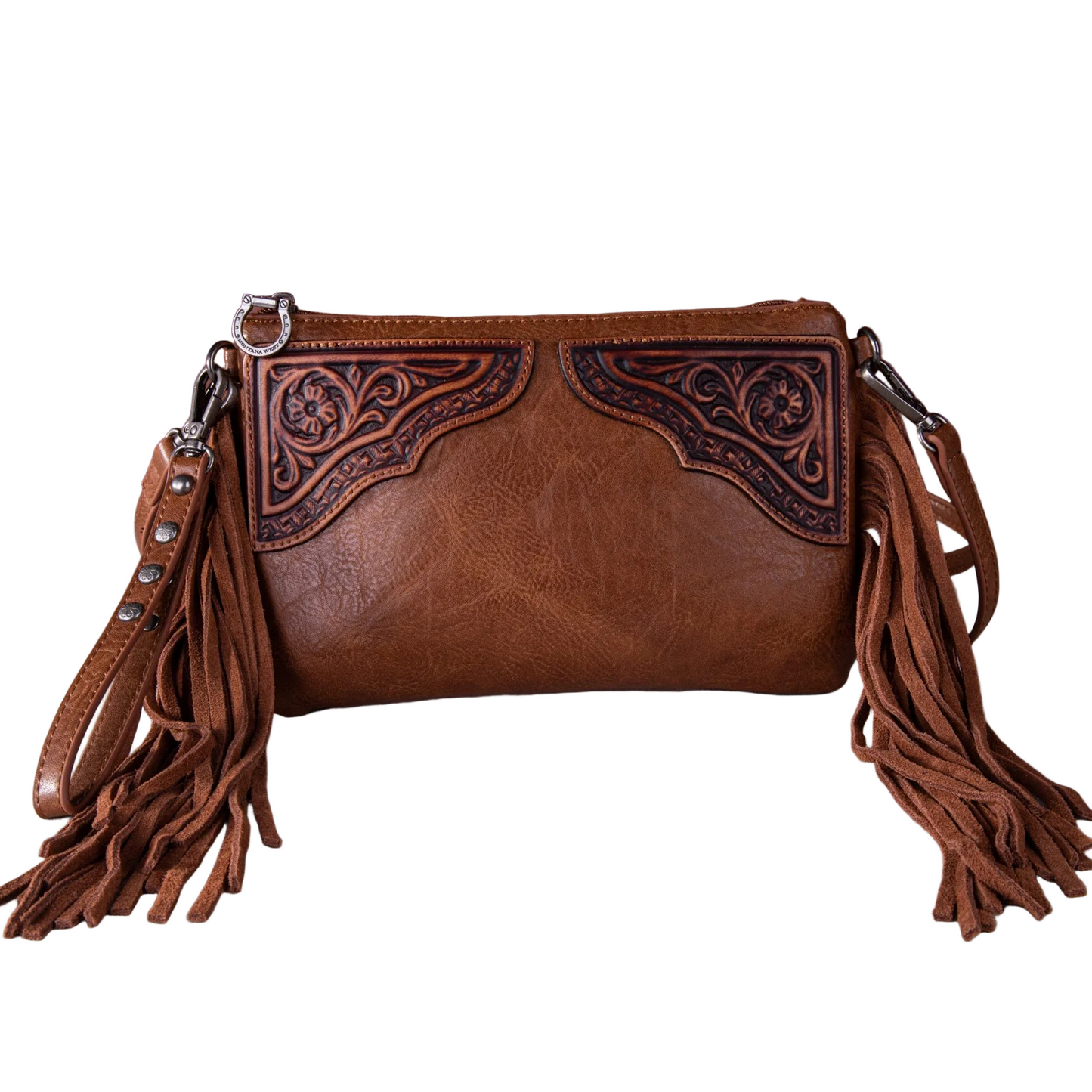FLORAL TOOLED FRINGE CLUTCH - BROWN