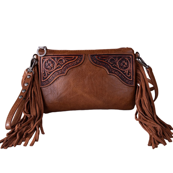 FLORAL TOOLED FRINGE CLUTCH - BROWN