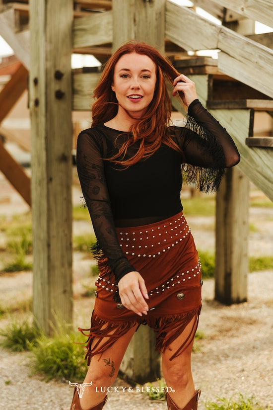 MIDNIGHT COWGIRL FRINGE BODYSUIT