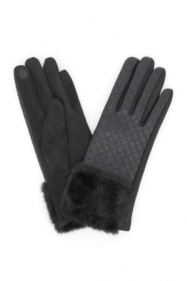 QUILTED SUEDE FUR GLOVES - BLACK