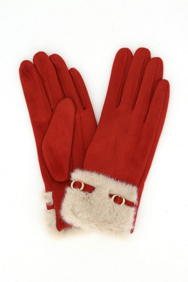 SUEDE RED GLOVES WITH FUR