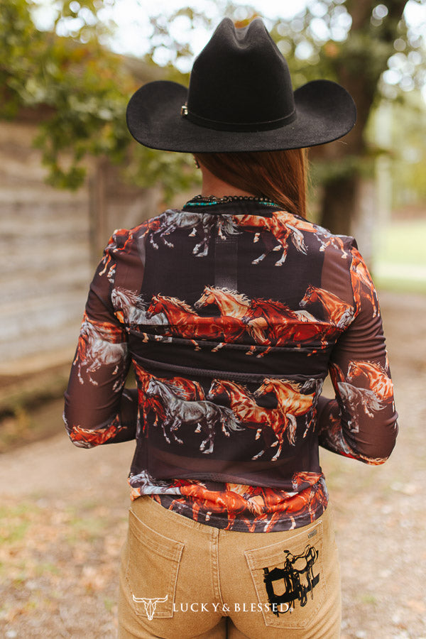 STAMPEDE LONG SLEEVE MESH TOP - BROWN