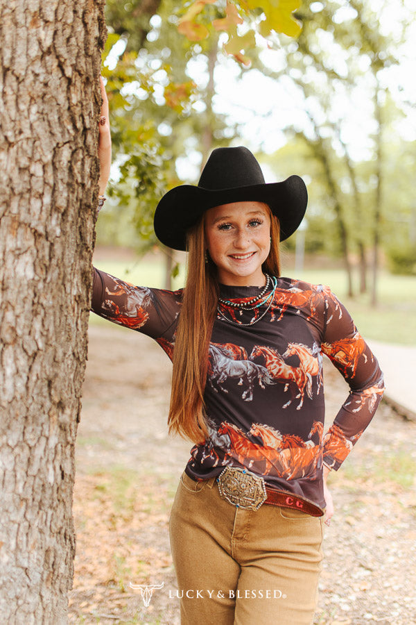 STAMPEDE LONG SLEEVE MESH TOP - BROWN