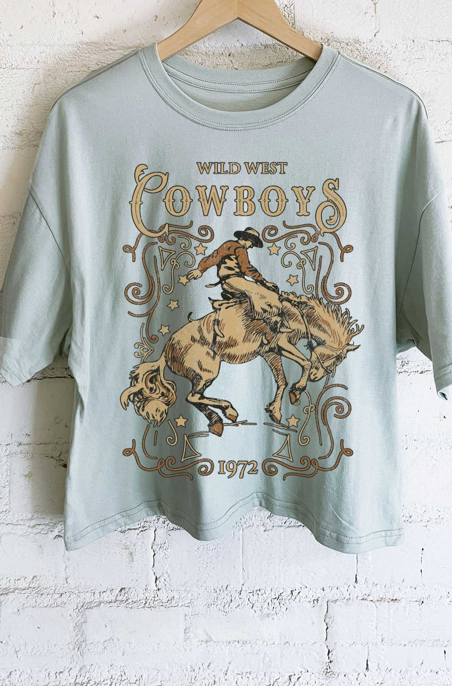 Load image into Gallery viewer, WILD WEST COWBOY CROP TEE - DUSTY MINT
