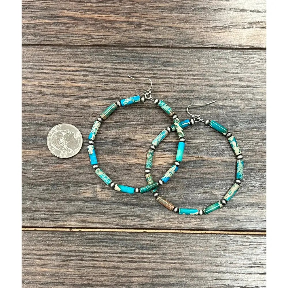 BEADED TURQ HOOP EARRINGS