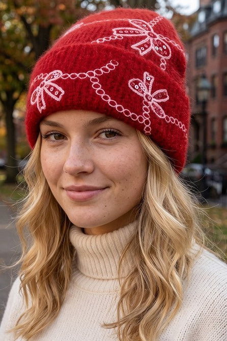 BOW CHAIN BEANIE - RED