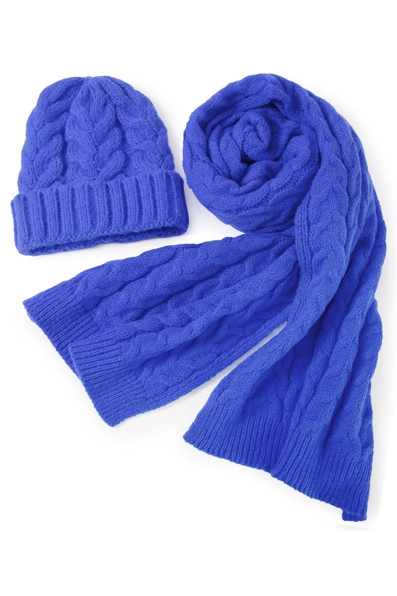 CABLE KNIT SCARF SET - BLUE