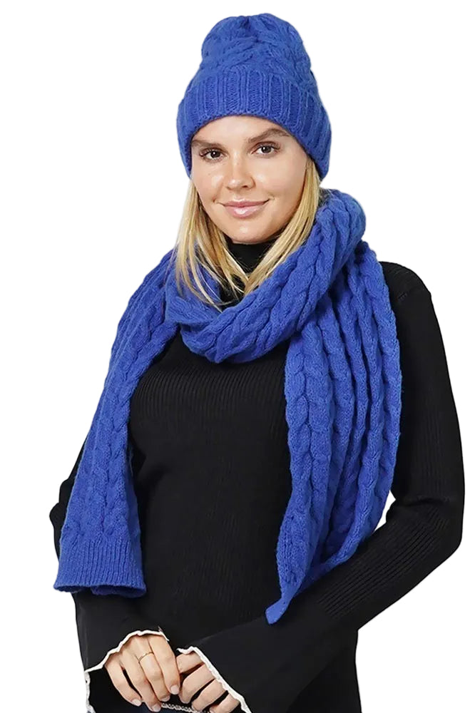 CABLE KNIT SCARF SET - BLUE