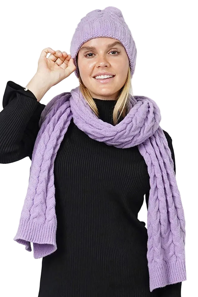 CABLE KNIT SCARF SET - LAVENDER