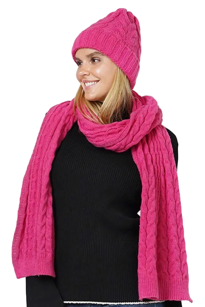 CABLE KNIT SCARF SET - PINK