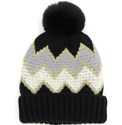 CHEVRON POM BEANIE - BLACK
