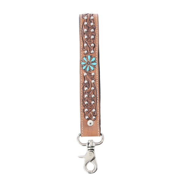 DESERT DAISY HANDTOOLED LEATHER KEY FOB - CACTUS UMBER