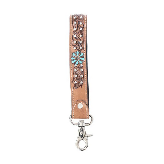 DESERT DAISY HANDTOOLED LEATHER KEY FOB - CACTUS UMBER