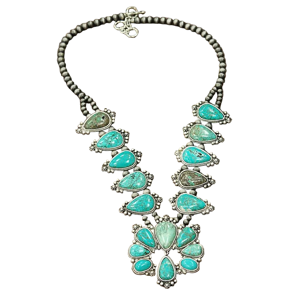 EIGHTEEN TURQ SQUASH BLOSSOM NECKLACE - LG PEARL