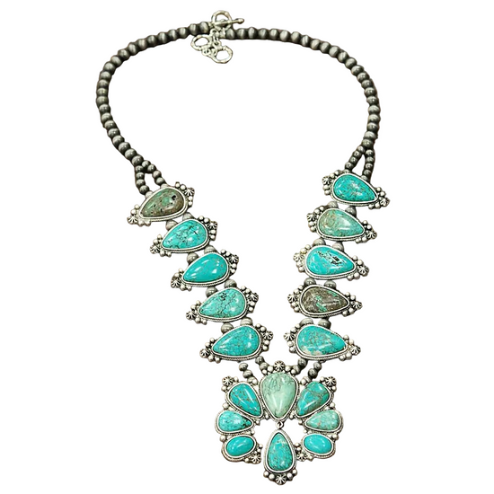 EIGHTEEN TURQ SQUASH BLOSSOM NECKLACE - LG PEARL