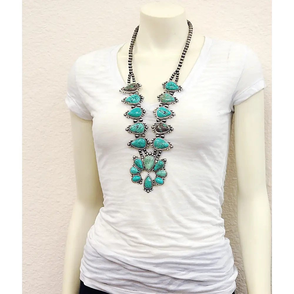 EIGHTEEN TURQ SQUASH BLOSSOM NECKLACE - LG PEARL