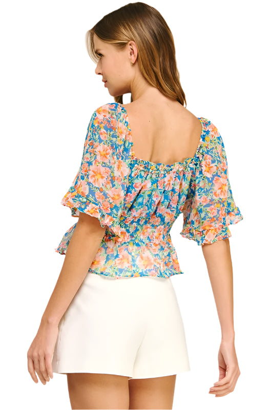 FELICITY FLORAL TOP - BLUE ORANGE