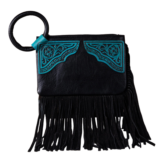 FLORAL TOOLED FRINGE CLUTCH - BLACK