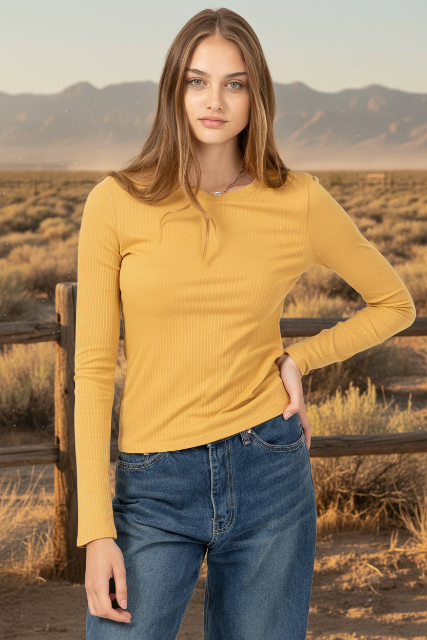 HAILEE RIBBED TOP - HONEY MUSTARD