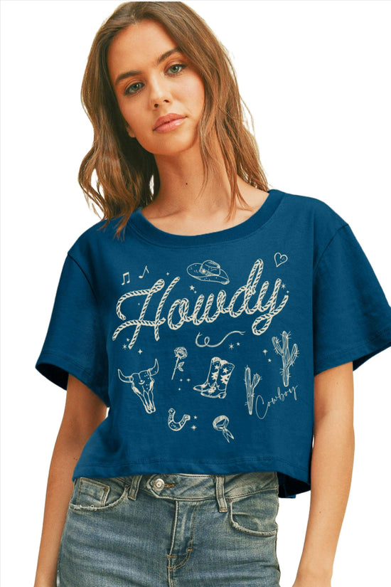 HOWDY COWBOY SYMBOL CROP TEE - BLUE