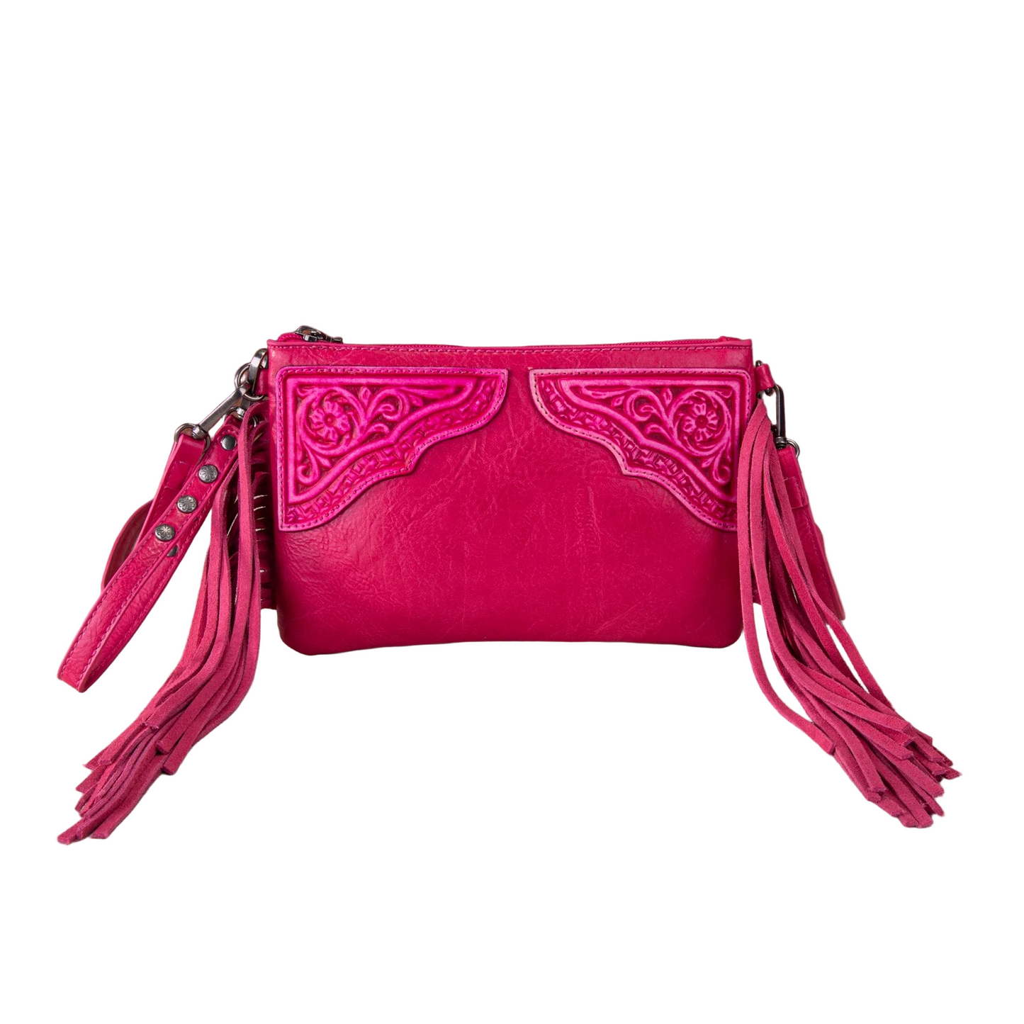 FLORAL TOOLED FRINGE WRISTLET/CLUTCH/CROSSBODY BAG - HOT PINK
