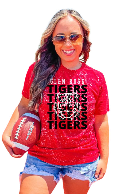 GLEN ROSE TIGERS STACKED TEE - RED BLEACHED